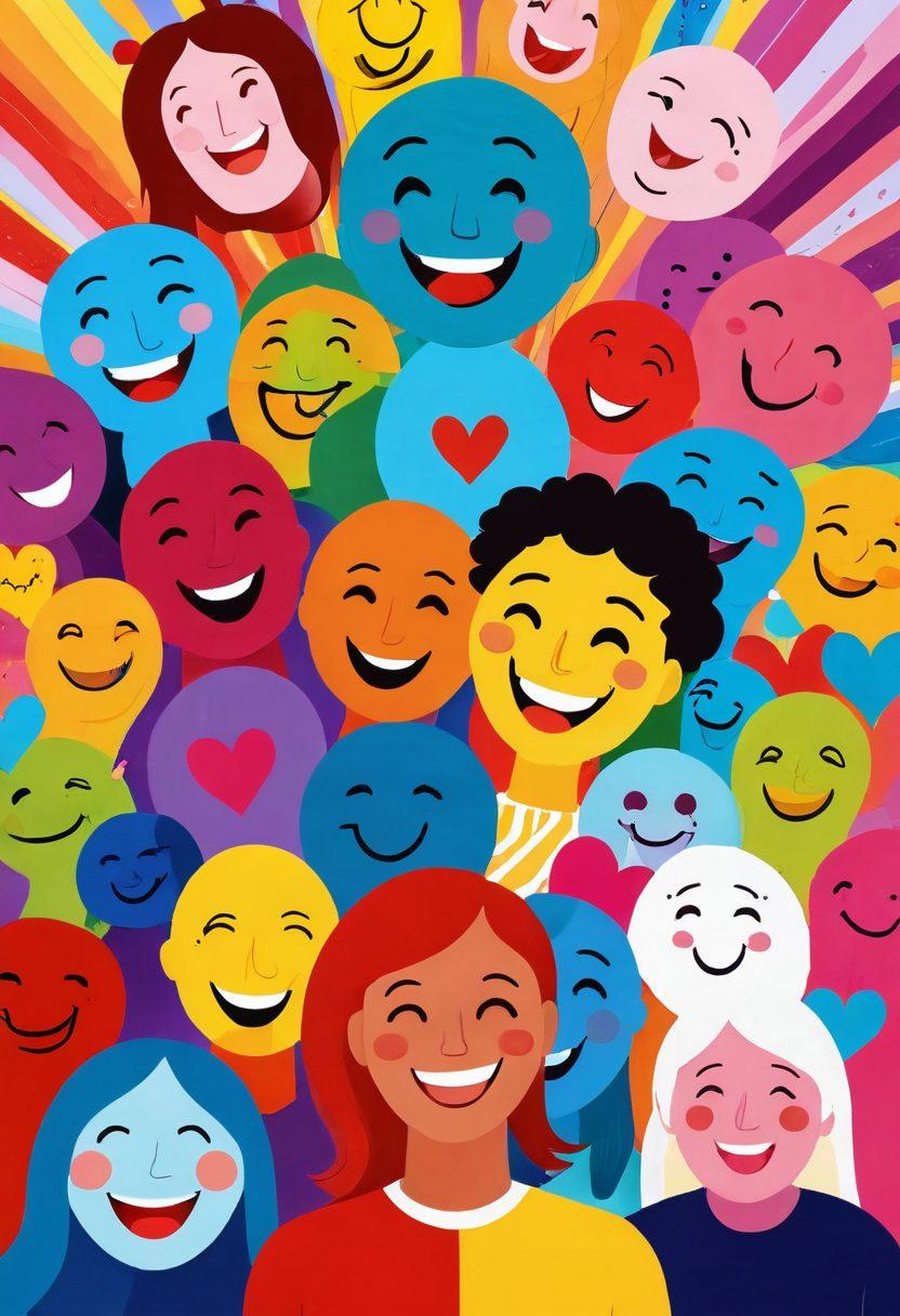 A vibrant illustration of diverse individuals sharing unique personality traits, surrounded by colorful symbols representing joy, connection, and understanding. The background showcases a harmonious blend of colors to symbolize diversity, with hearts and smiley faces radiating outwards. The scene conveys warmth, acceptance, and the power of individuality in fostering happiness and relationships. super-realistic. vibrant colors. digital art.