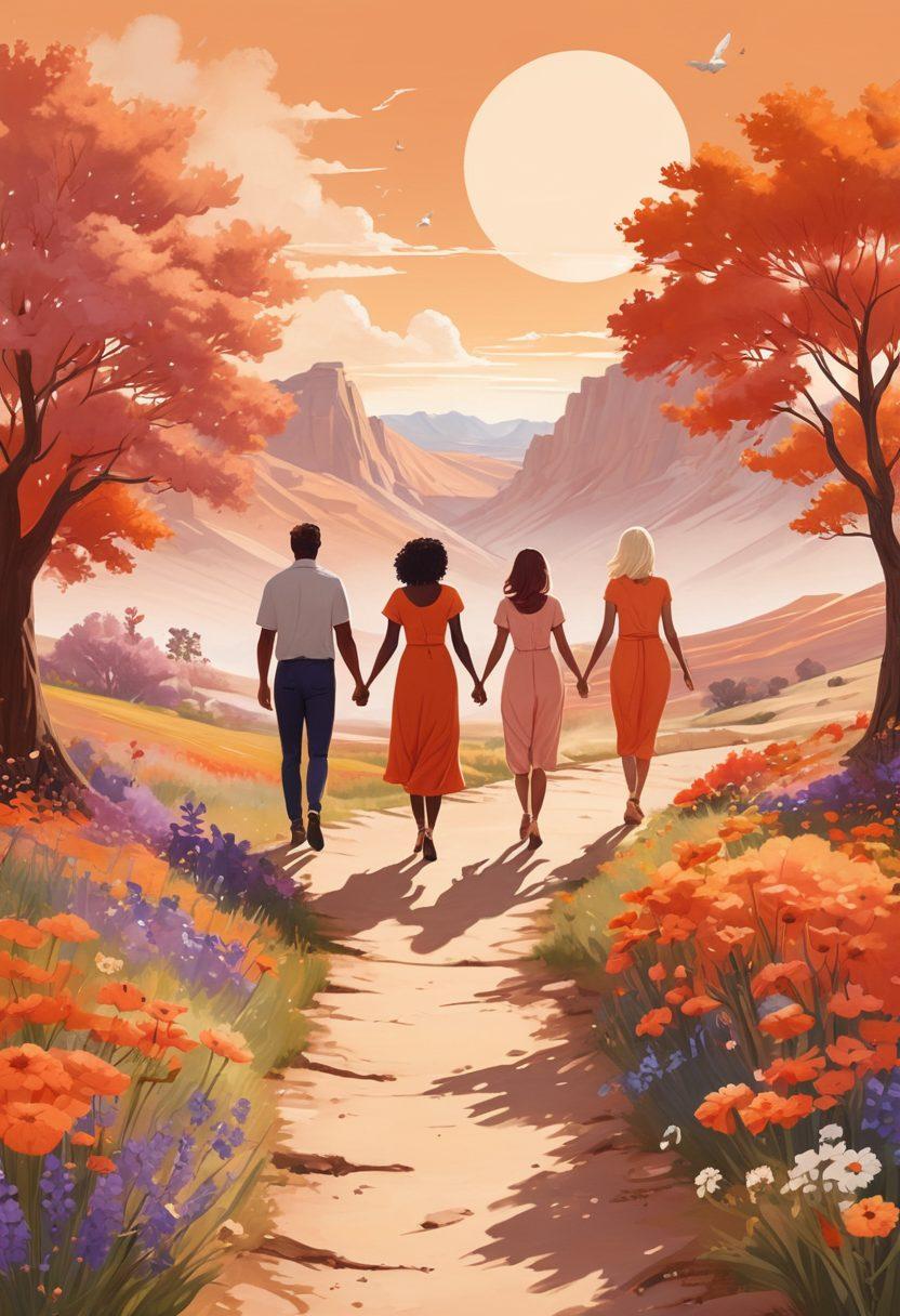 A serene landscape with a diverse group of individuals reflecting different Myers-Briggs personality types, each in their unique environment expressing joy. Incorporate elements that symbolize personal growth like blooming flowers and pathways leading to open skies. A warm color palette that evokes happiness and tranquility. Illustrate various personality traits through their poses and interactions. super-realistic. vibrant colors. soft background.